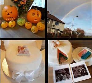 twin gender reveal cake and pictures